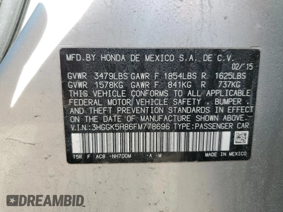 2015 Honda Fit EX-L with VIN 3HGGK5H86FM778696, listed as a Copart auction lot 48749355 with 76,284 mi miles and Non Repairable. Bid and sale history available at carsss.com. Image 13.