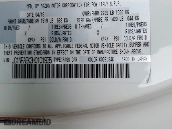 2017 FIAT 124 Spider Elaborazione Abarth z VIN JC1NFAEK3H0101935, wystawiony jako Copart lot #53767824 z przebiegiem 43 613 mil mil oraz Szkoda całkowita • Salvage title. Historia ofert i sprzedaży dostępna na DreamBid. Obrazek 12.