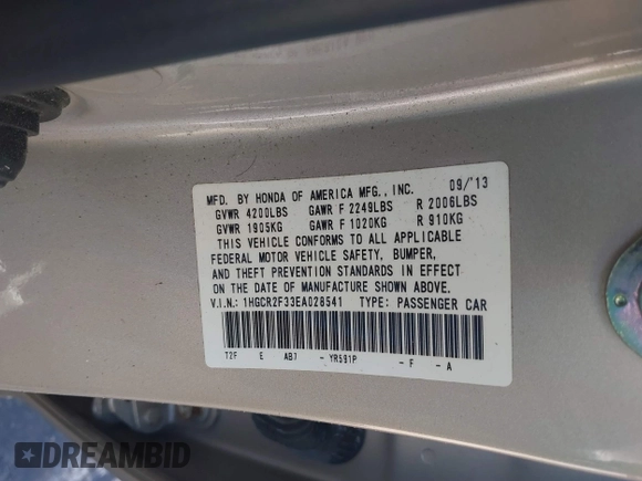2014 Honda Accord LX with VIN 1HGCR2F33EA028541, listed as a IAAI auction lot 41904243 with 56,735 mi miles and . Bid and sale history available at carsss.com. Image 9.