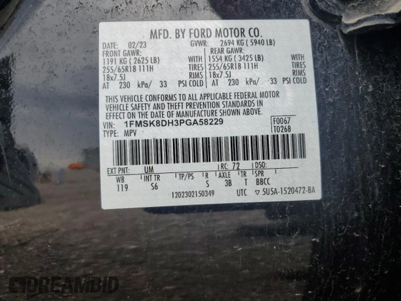2023 Ford Explorer XLT with VIN 1FMSK8DH3PGA58229, listed as a Copart auction lot 58571525 with 64,536 mi miles and Salvage title. Bid and sale history available at DreamBid. Image 14.