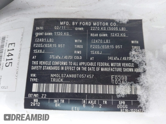 2011 Ford Transit Connect XL with VIN NM0LS7AN8BT057457, listed as a IAAI auction lot 41511909 with 125,101 mi miles and . Bid and sale history available at DreamBid. Image 9.