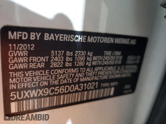2013 BMW X3 xDrive28i with VIN 5UXWX9C56D0A31021, listed as a Copart auction lot 43621285 with Not Provided miles and Salvage Title. Bid and sale history available at DreamBid. Image 13.