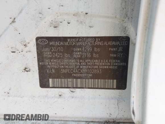 2011 Hyundai Sonata Limited with VIN 5NPEC4ACXBH102893, listed as a IAAI auction lot 42148845 with 80,948 mi miles and . Bid and sale history available at DreamBid. Image 9.