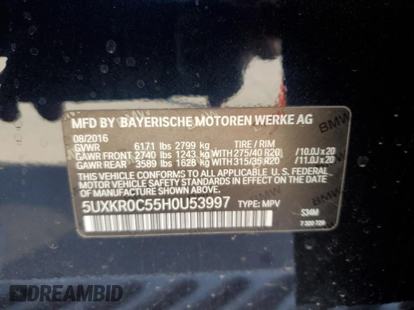 2017 BMW X5 xDrive35i with VIN 5UXKR0C55H0U53997, listed as a Copart auction lot 50054905 with 67,151 mi miles and Salvage Title. Bid and sale history available at carsss.com. Image 15.