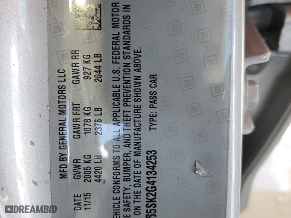 2016 Buick Verano Leather Group with VIN 1G4PS5SK2G4134253, listed as a Copart auction lot 45028355 with 38,777 mi miles and Salvage Title. Bid and sale history available at carsss.com. Image 13.