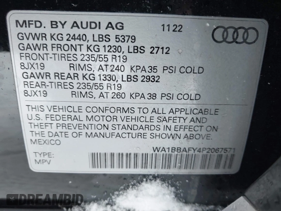 2023 Audi Q5 Premium Plus with VIN WA1BBAFY4P2067571, listed as a IAAI auction lot 41497906 with 21,713 mi miles and . Bid and sale history available at DreamBid. Image 9.