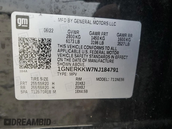2022 Chevrolet Traverse Premier with VIN 1GNERKKW7NJ184791, listed as a Copart auction lot 44900045 with 36,796 mi miles and Salvage title. Bid and sale history available at DreamBid. Image 13.