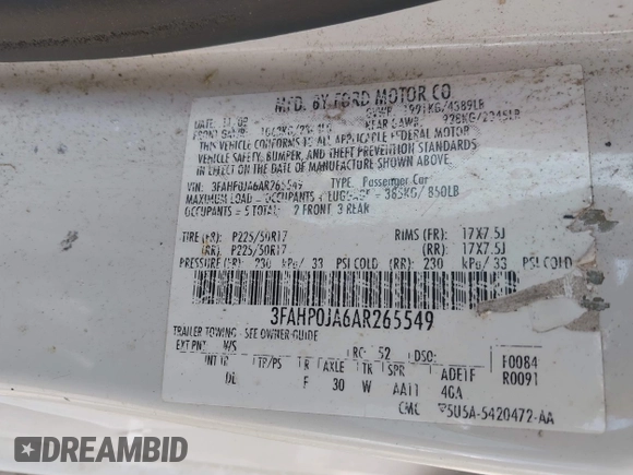 2010 Ford Fusion SEL with VIN 3FAHP0JA6AR265549, listed as a IAAI auction lot 42118842 with Not Provided miles and . Bid and sale history available at DreamBid. Image 9.