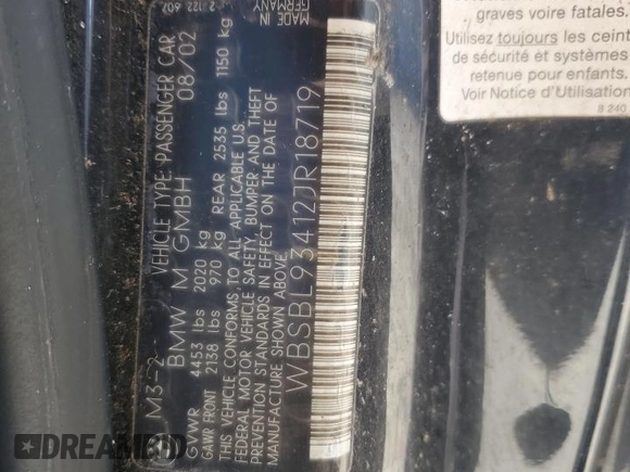 2002 BMW 3 Series M3 with VIN WBSBL93412JR18719, listed as a Copart auction lot 77209764 with Not Provided miles and Non Repairable. Bid and sale history available at DreamBid. Image 12.