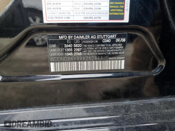 2009 Mercedes-Benz S-Class 5.5L V8 with VIN WDDNG86X49A262444, listed as a Copart auction lot 41502655 with 244,667 mi miles and Clean Title. Bid and sale history available at carsss.com. Image 12.
