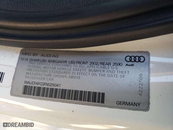 2015 Audi A6 2.0T Premium with VIN WAUCFAFC0FN025041, listed as a Copart auction lot 80315844 with 168,619 mi miles and Salvage Title. Bid and sale history available at carsss.com. Image 12.