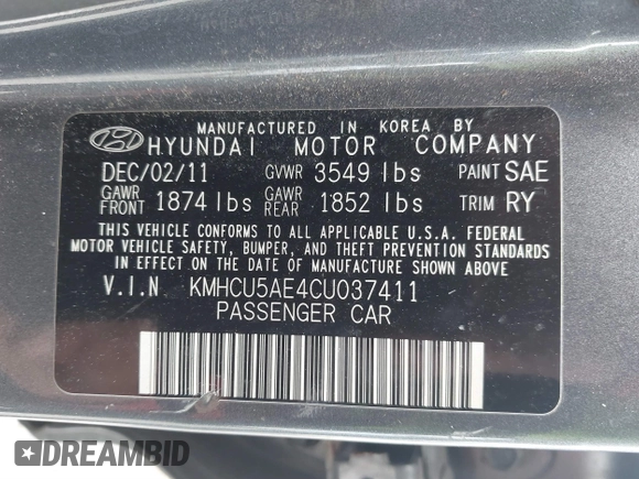 2012 Hyundai Accent SE with VIN KMHCU5AE4CU037411, listed as a IAAI auction lot 41659662 with 163,021 mi miles. Bid and sale history available at carsss.com. Image 9.