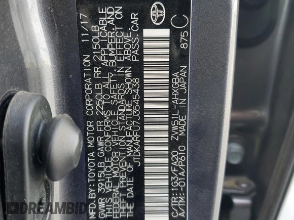 2018 Toyota Prius Two z VIN JTDKARFU7J3545438, wystawiony jako Copart lot #54608925 z przebiegiem 187 335 mil mil oraz Szkoda całkowita • Salvage title. Historia ofert i sprzedaży dostępna na DreamBid. Obrazek 13.