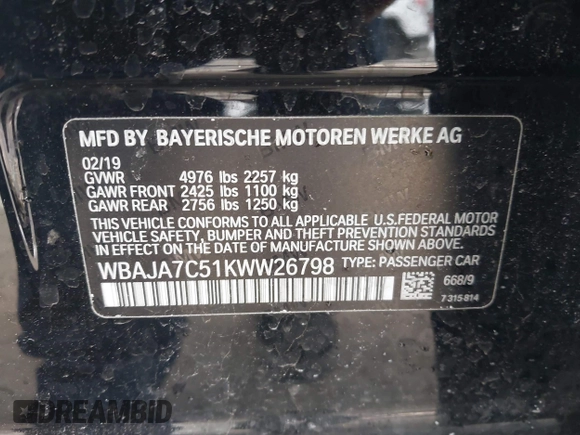 2019 BMW 5 Series 530i xDrive with VIN WBAJA7C51KWW26798, listed as a IAAI auction lot 41320980 with 65,865 mi miles. Bid and sale history available at carsss.com. Image 9.