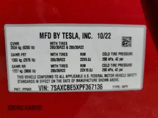 2023 Tesla Model X with VIN 7SAXCBE5XPF367136, listed as a Copart auction lot 45357254 with 13,036 mi miles and Salvage Title. Bid and sale history available at DreamBid. Image 14.