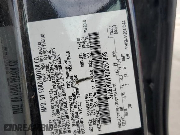 2013 Ford Fusion SE with VIN 3FA6P0H99DR267898, listed as a Copart auction lot 52641515 with 167,229 mi miles and Salvage Title. Bid and sale history available at carsss.com. Image 13.