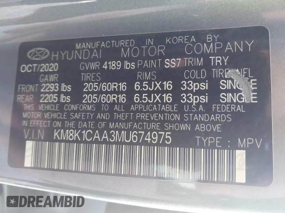 2021 Hyundai Kona SE z VIN KM8K1CAA3MU674975, wystawiony jako IAAI lot #42043579 z przebiegiem 52 240 mil mil oraz . Historia ofert i sprzedaży dostępna na DreamBid. Obrazek 9.
