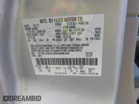2011 Ford Escape XLT with VIN 1FMCU9DG2BKB88326, listed as a IAAI auction lot 41848202 with 173,464 mi miles and . Bid and sale history available at DreamBid. Image 9.