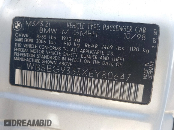 1999 BMW 3 Series M3 with VIN WBSBG9333XEY80647, listed as a IAAI auction lot 42216141 with 98,700 mi miles and . Bid and sale history available at DreamBid. Image 9.