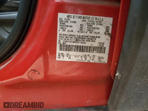 2002 Ford Escape XLS Value with VIN 1FMYU01B82KC15443, listed as a Copart auction lot 77998164 with 212,313 mi miles and Salvage title. Bid and sale history available at DreamBid. Image 16.