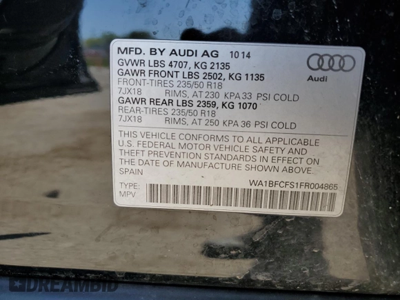 2015 Audi Q3 Premium Plus with VIN WA1BFCFS1FR004865, listed as a Copart auction lot 53348405 with 130,521 mi miles and Salvage title. Bid and sale history available at DreamBid. Image 15.