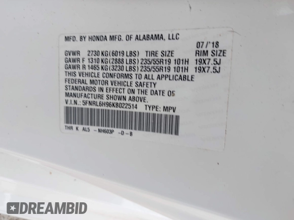 2019 Honda Odyssey Elite with VIN 5FNRL6H96KB022514, listed as a IAAI auction lot 41867864 with 62,749 mi miles and . Bid and sale history available at DreamBid. Image 9.