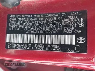 2013 Toyota Prius One with VIN JTDKN3DU1D1638010, listed as a IAAI auction lot 41599746 with 1 mi miles. Bid and sale history available at carsss.com. Image 9.