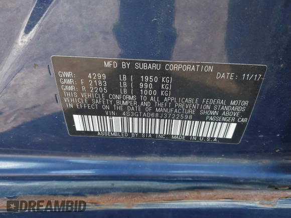 2018 Subaru Impreza Premium z VIN 4S3GTAD68J3722598, wystawiony jako IAAI lot #41848677 z przebiegiem 98 773 mil mil oraz . Historia ofert i sprzedaży dostępna na DreamBid. Obrazek 9.