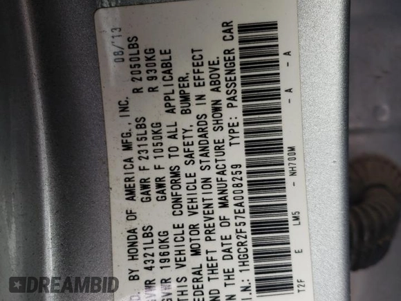 2014 Honda Accord Sport with VIN 1HGCR2F57EA008259, listed as a Copart auction lot 53229815 with 133,814 mi miles and Clean Title. Bid and sale history available at DreamBid. Image 13.