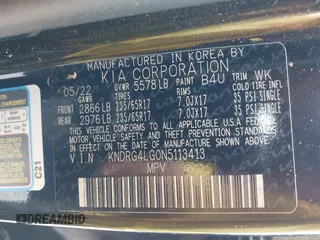 2022 Kia Sorento S with VIN KNDRG4LG0N5113413, listed as a IAAI auction lot 41899057 with 69,293 mi miles and . Bid and sale history available at DreamBid. Image 9.