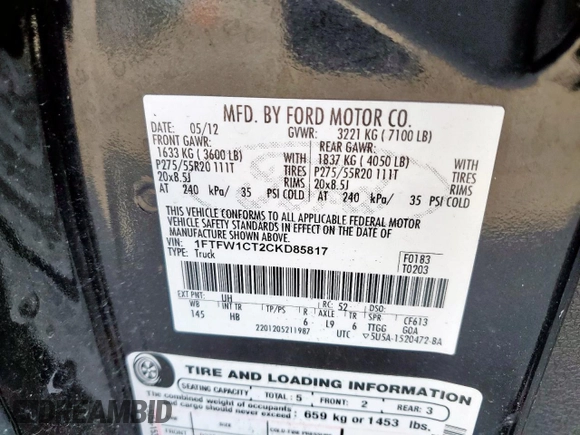 2012 Ford F-150 XL z VIN 1FTFW1CT2CKD85817, wystawiony jako Copart lot #55093125 z przebiegiem 168 216 mil mil oraz Tytuł czysty. Historia ofert i sprzedaży dostępna na DreamBid. Obrazek 12.