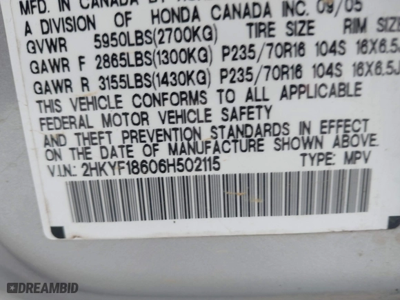 2006 Honda Pilot EX-L with RES with VIN 2HKYF18606H502115, listed as a IAAI auction lot 41872434 with 286,953 mi miles. Bid and sale history available at carsss.com. Image 9.