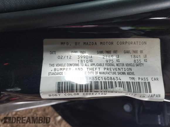2012 Mazda 3 i Grand Touring z VIN JM1BL1M85C1608634, wystawiony jako IAAI lot #42213183 z przebiegiem 67 114 mil mil oraz . Historia ofert i sprzedaży dostępna na DreamBid. Obrazek 9.