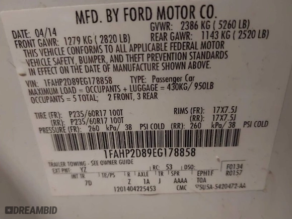2014 Ford Taurus SE with VIN 1FAHP2D89EG178858, listed as a IAAI auction lot 40853995 with 136606 miles. Bid and sale history available at carsss.com. Image 9.