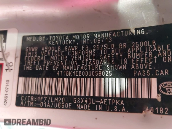 2013 Toyota Avalon XLE with VIN 4T1BK1EB0DU058025, listed as a IAAI auction lot 41845415 with 173,359 mi miles and . Bid and sale history available at DreamBid. Image 9.