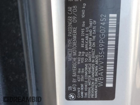2009 BMW 3 Series 328i with VIN WBAWV13549PG07452, listed as a Copart auction lot 41917765 with 269,139 mi miles and Salvage Title. Bid and sale history available at DreamBid. Image 12.