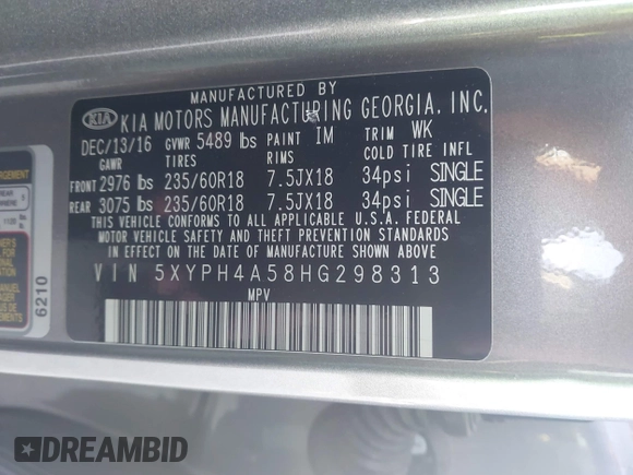 2017 Kia Sorento EX V6 with VIN 5XYPH4A58HG298313, listed as a IAAI auction lot 42037937 with 167,097 mi miles. Bid and sale history available at carsss.com. Image 9.