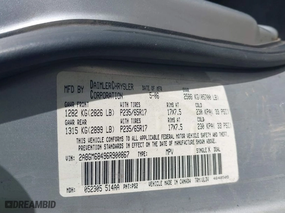 2006 Chrysler Pacifica Touring with VIN 2A8GM68496R900867, listed as a IAAI auction lot 40924292 with 219,103 mi miles. Bid and sale history available at carsss.com. Image 9.