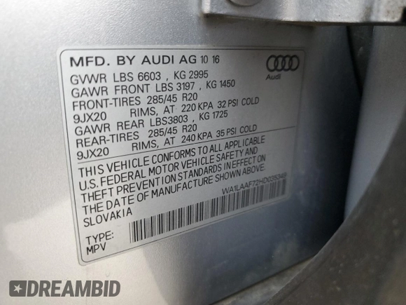 2017 Audi Q7 Premium Plus with VIN WA1LAAF72HD035349, listed as a Copart auction lot 47879885 with 110,383 mi miles and Salvage Title. Bid and sale history available at carsss.com. Image 15.