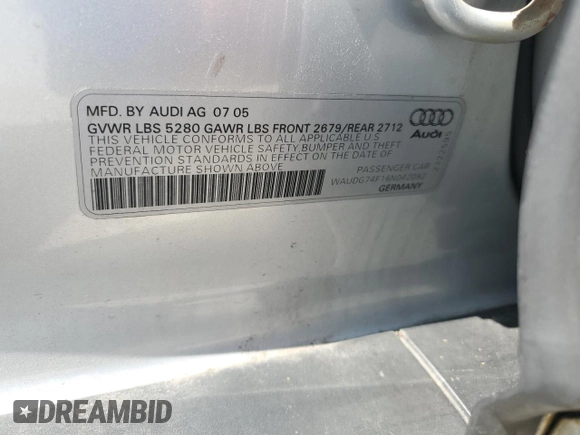 2006 Audi A6 with VIN WAUDG74F16N042092, listed as a Copart auction lot 70844864 with 188,745 mi miles and Salvage Title. Bid and sale history available at carsss.com. Image 12.
