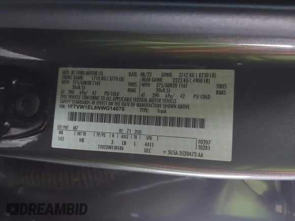 2022 Ford F-150 Lightning Pro z VIN 1FTVW1EL8NWG14070, wystawiony jako IAAI lot #41776980 z przebiegiem 14 812 mil mil oraz . Historia ofert i sprzedaży dostępna na DreamBid. Obrazek 9.