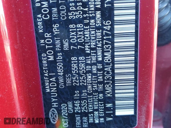 2021 Hyundai Tucson Ultimate with VIN KM8J3CAL8MU371746, listed as a Copart auction lot 45215515 with 43,713 mi miles and Salvage title. Bid and sale history available at DreamBid. Image 13.