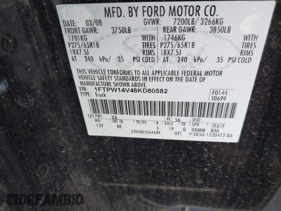 2008 Ford F-150 XLT with VIN 1FTPW14V48KD80582, listed as a IAAI auction lot 41152650 with 155,091 mi miles. Bid and sale history available at carsss.com. Image 9.