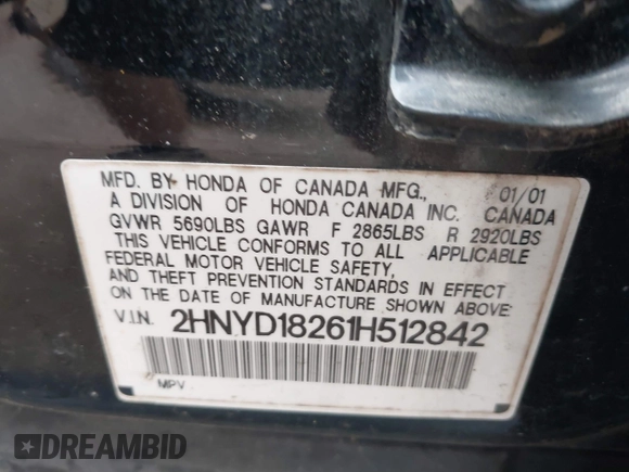 2001 Acura MDX with VIN 2HNYD18261H512842, listed as a IAAI auction lot 41730568 with 1 mi miles. Bid and sale history available at carsss.com. Image 9.