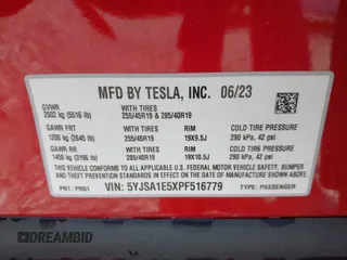 2023 Tesla Model S with VIN 5YJSA1E5XPF516779, listed as a IAAI auction lot 42110737 with 16,465 mi miles and . Bid and sale history available at DreamBid. Image 9.