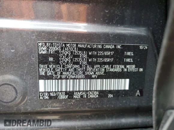 2024 Toyota RAV4 LE with VIN 2T3F1RFV2RW489895, listed as a Copart auction lot 62606225 with 5,194 mi miles and Salvage title. Bid and sale history available at DreamBid. Image 13.