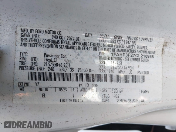 2012 Ford Focus SE with VIN 1FAHP3F27CL218986, listed as a IAAI auction lot 42633997 with 163,414 mi miles and . Bid and sale history available at DreamBid. Image 9.