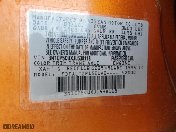 2018 Nissan Kicks SR with VIN 3N1CP5CUXJL538118, listed as a Copart auction lot 46094225 with 82,370 mi miles and Salvage Title. Bid and sale history available at carsss.com. Image 13.