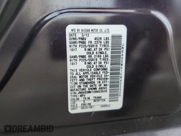 2012 Nissan Rogue SV with VIN JN8AS5MV1CW403508, listed as a Copart auction lot 87453304 with 177,818 mi miles and Salvage Title. Bid and sale history available at carsss.com. Image 14.