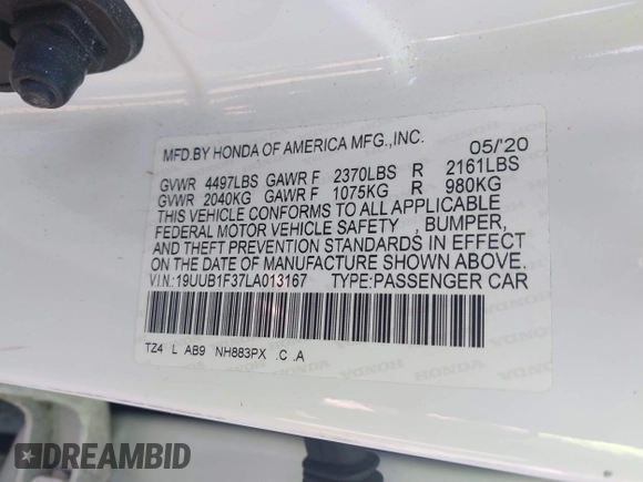 2020 Acura TLX with VIN 19UUB1F37LA013167, listed as a IAAI auction lot 41353081 with 60,061 mi miles. Bid and sale history available at carsss.com. Image 9.